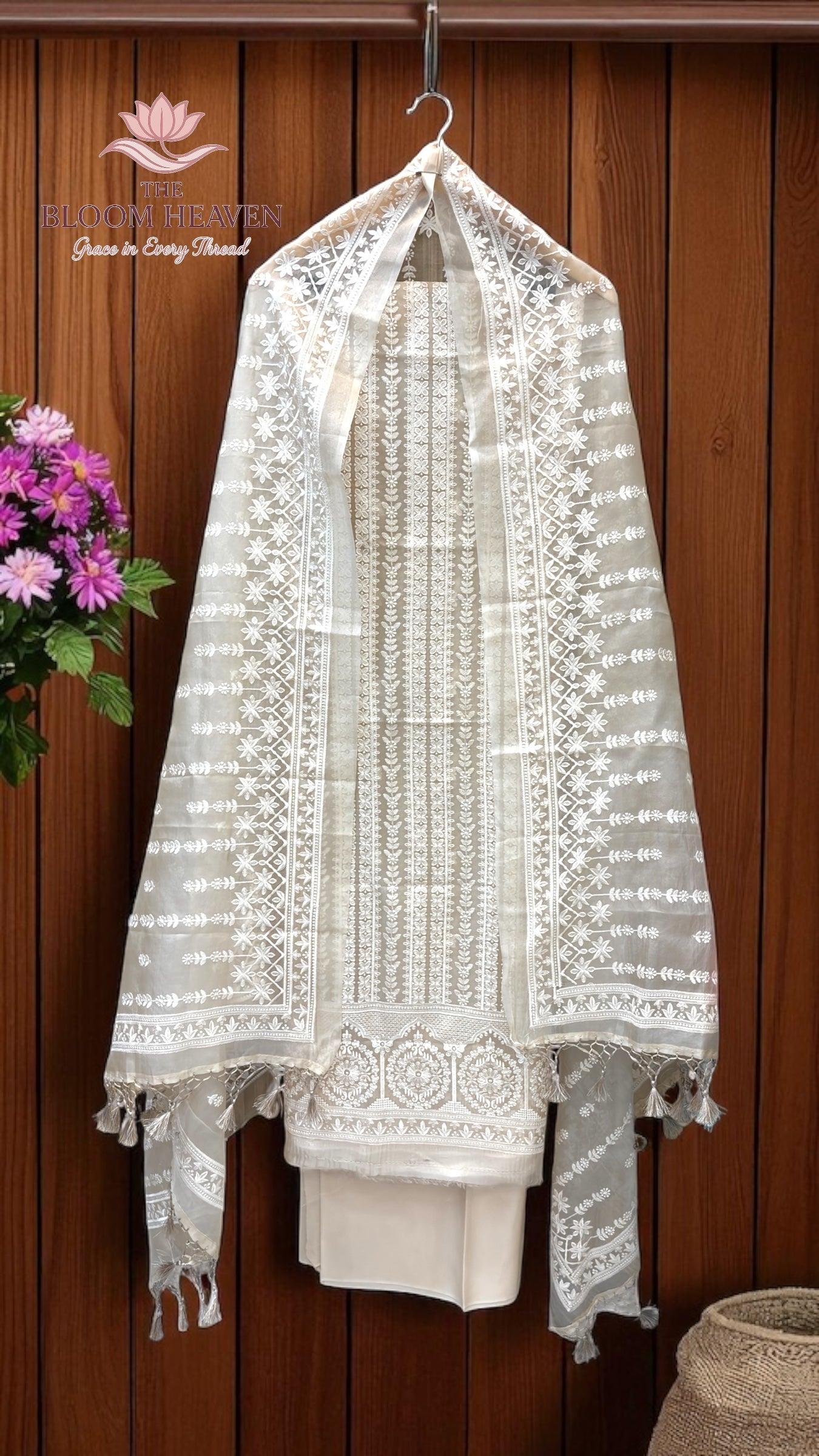 Pure Organza Chikankari Handloom Banarasi Dress Material