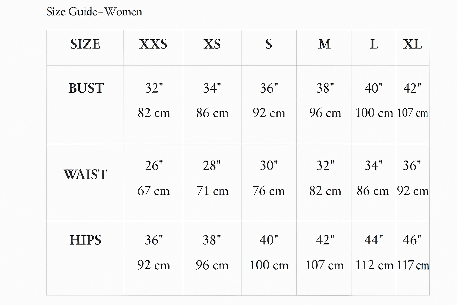 size chart | The Bloom Heaven